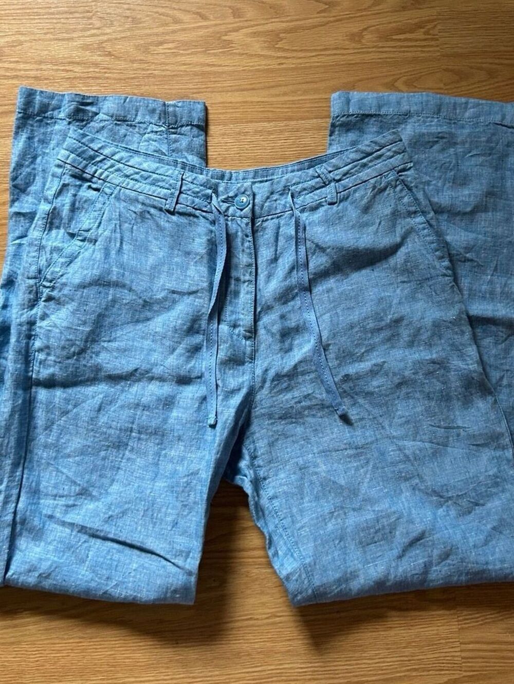 L.L.Bean Size 10 100% Linen Blue Pull On Pants Straight Leg
